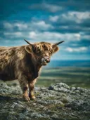 Koe met tong uit, een rotsachtig hoogland, een zacht bewolkte hemel