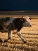 Koe op afstand, een goudkleurig stoppelveld, de laatste gloed vlak voor de nacht