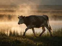 Koe op afstand, een weide bij het water, de ochtendmist
