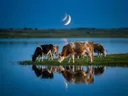 Koe op afstand, de oever, met een spiegeling in het water, het blauwe uur met een maansikkel