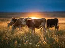 Koe op afstand, een bloemenweide, het felle tegenlicht van de ondergaande zon