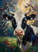 Koe portret bij bloesem in warm petrol, schilderij van koe portret bij bloesem, met het paletmes geschilderd