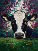 Koe portret bij bloesem in zeegroen, schilderij van koe portret bij bloesem, met het paletmes geschilderd