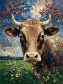 Koe portret bij bloesem, schilderij van koe portret bij bloesem, met het paletmes geschilderd