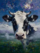 Koe portret in diep de mist, schilderij van koe portret