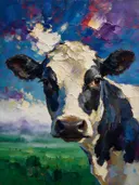 Koe portret in donker de mist, schilderij van koe portret