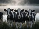 Koe recht in de lens, een weide bij het water, de ochtendmist, zwart-wit