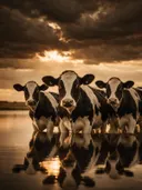 Koe recht in de lens, de oever, met een spiegeling in het water, een dreigende luchten met een sepia-gloed