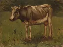 Koe van Anton Mauve: dieren met koe, weide, gras en bomen, in groen en okergeel