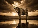 Koe van onderaf, de oever, met een spiegeling in het water, een dreigende luchten met een sepia-gloed
