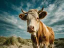 Koe van onderaf, de duinen, een zacht bewolkte hemel