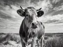 Koe van onderaf, de duinen, een zacht bewolkte hemel, zwart-wit
