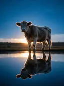 Koe van onderaf, de oever, met een spiegeling in het water, het felle tegenlicht van de ondergaande zon