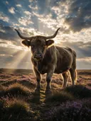 Koe van onderaf, een wilde heide, lichtbundels door de wolken