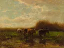 Koeien bij avond van Willem Maris: dieren met koeien, weiland, avond en gras, in warm bruin en groen