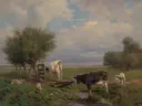 Koeien en schapen van Anton Mauve: dieren met koeien, schapen, weide en bomen, in gedempt groen en grijs