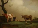 Koeien in de wei van Paulus Potter: dieren met koeien, weide, gras en wolken, in gedempt groen en beige