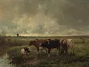 Koeien in een landschap met molen aan de horizon van Anton Mauve: landschap met koeien, weide, molen en water, in gedempt groen en grijs