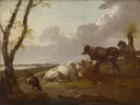 Koeien van Hendrik Willem Schweickhardt: landschap met geit en mens
