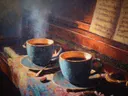 Stillevenschilderij van koffiekopjes op een piano met bladmuziek