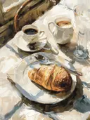 Stilleven met koffie en een croissant op een terrastafel