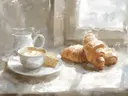 Stilleven met koffie en croissants bij een raam