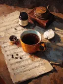 Stillevenschilderij van een koffiekop op bladmuziek met koffiebonen en gebak