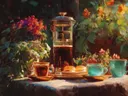 Stillevenschilderij van koffie en bloemen tegen een donkere achtergrond