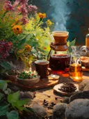 Koffiezetmoment tussen tuinbloemen en koffiebonen, olieverfschilderij
