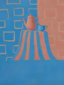 Schilderij van koffiekan en kop in hemelsblauw en zalm
