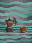 Schilderij van koffiekan en kopje in aqua en warm grijs