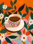 Stilleven schilderij van koffiekopje tussen madeliefjes