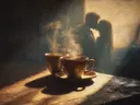 Stillevenschilderij van twee koffiekopjes met een schaduwsilhouet van een paar