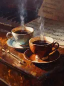 Twee koffiekopjes op piano met bladmuziek, olieverfschilderij