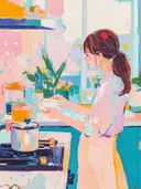 Schilderij van een vrouw die een kopje koffie serveert in een pastelkleurige keuken.