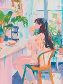 Schilderij van een vrouw die koffie drinkt tussen kamerplanten bij het raam.