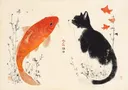 Japanse prentstijl illustratie van een oranje koivis tegenover een zwart-witte kat