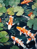 Vier koi vissen zwemmend tussen waterlelies in donker water.