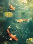 Schilderij van koivissen die zwemmen tussen waterlelies in een vijver.