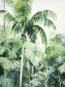 Kokospalm met zichtbare kokosnoten in een mistig jungle landschap.