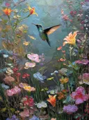 Schilderij van kolibri bij oranje lelie op blauwgroene achtergrond