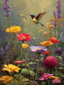 Schilderij van vliegende kolibri boven kleurrijk bloemenveld
