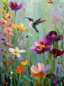 Schilderij van kolibri met vlinders in pastelgroene tuin