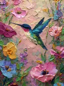 Schilderij van kolibri tussen roze bloesems op lichte achtergrond
