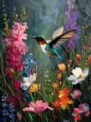 Schilderij van kolibri met rode keelveren tussen roze bloemen