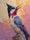 Close-up van kolibriekop in blauw en rood, olieverfschilderij