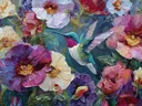 Schilderij van een kolibrie in een lentetuin