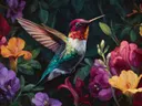Schilderij van een kolibrie tegen een zwarte achtergrond met bloemen