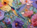 Schilderij van een kolibrie tussen pastelkleurige bloemen
