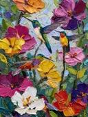 Schilderij van kolibries tussen kleurrijke tuinbloemen
